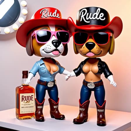 rude cow girl dogz stood next to a bottle of Rude whiskey